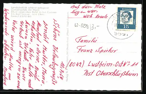 AK Ellenz-Beilstein /Mosel, Campingplatz, Uferpartie mit Kirche, Ortspartie