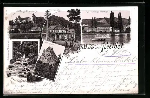 Vorläufer-Lithographie Ilsenburg, 1895, Gasthäuser Prinzes Ilse und Zu den rothen Forellen