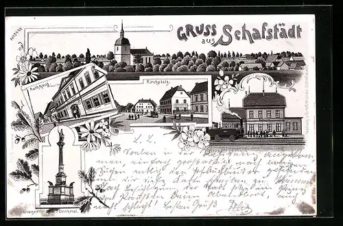 Lithographie Schafstädt, Ortsansicht, Bahnhof, Kirchplatz, Rathaus