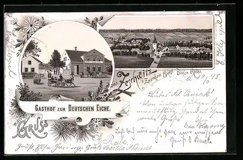 Lithographie Zeschwitz / Zwenkau, Ortsansicht, Gasthof zur Deutschen Eiche
