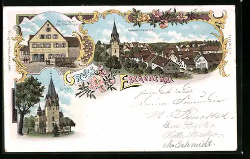 Lithographie Eschenthal, Ortsansicht, Handlung von Gg. Preuninger, Kirche