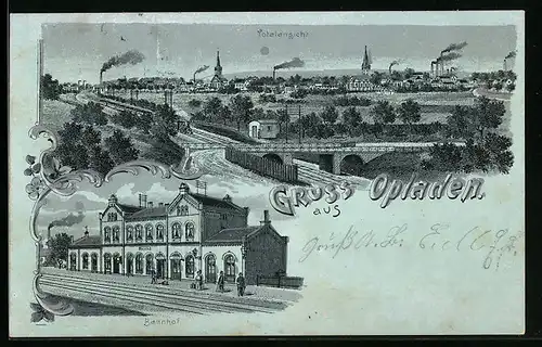 Lithographie Opladen, Ortsansicht, Bahnhof