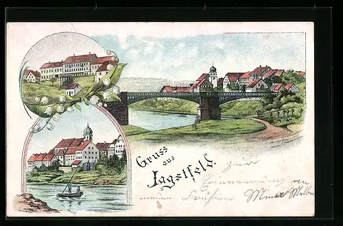 Lithographie Jagstfeld, Ortsansicht mit Eisenbahnbrücke