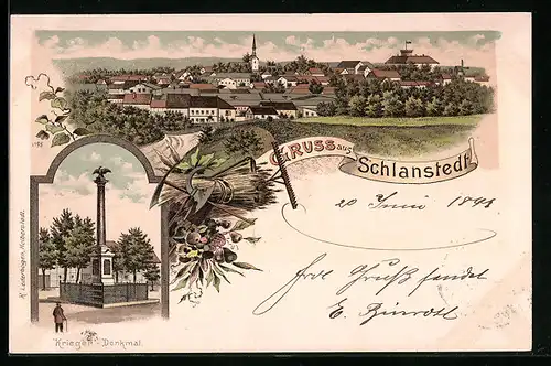 Lithographie Schlanstedt, Ortsansicht, Krieger-Denkmal