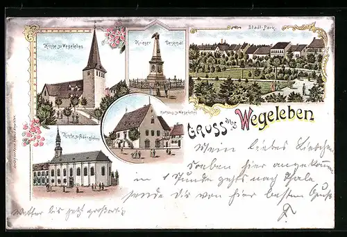 Lithographie Wegeleben, Rathaus, Krieger Denkmal, Stadtpark
