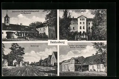 AK Dahlenberg, Geburtshaus Generalfeldmarschall von Mackensen, Schloss Leipnitz, Gasthof zum grünen Halm