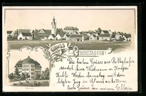 Lithographie Oberstadion, Schloss, Teilansicht mit Kirche