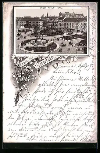 Vorläufer-Lithographie Hannover, 1893, Ernst-August-Platz mit Denkmal