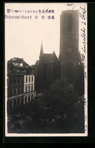 AK Düsseldorf, Unwetterschäden 8.6.1924, an der Kirche