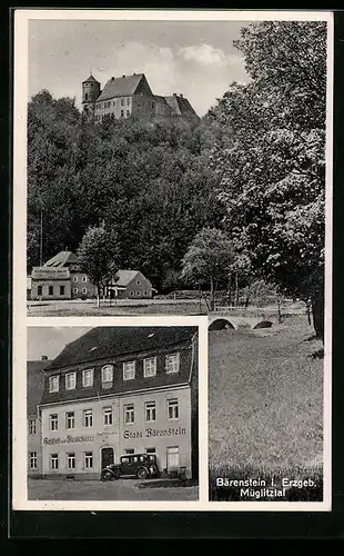 AK Bärenstein i. Erzgeb., Partie am Gasthof und Fleischerei Stadt Bärenstein, Blick hoch zum Schloss