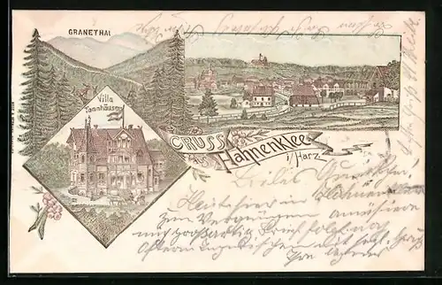 Lithographie Hahnenklee i. Harz, Gasthaus Villa Tannhäuser, Granethal, Ortsansicht