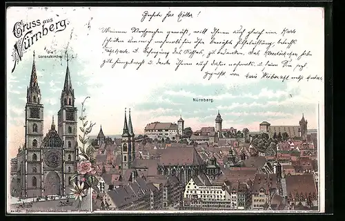 Lithographie Nürnberg, Lorenzkirche, Teilansicht vom Ort