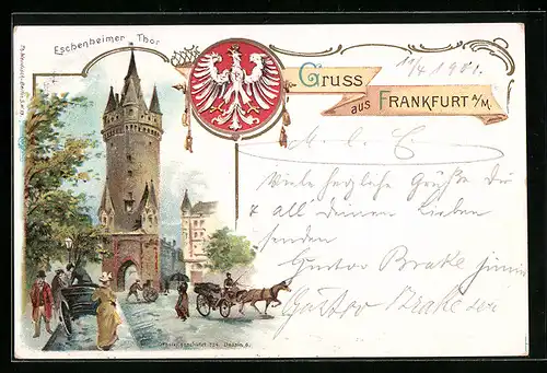 Lithographie Frankfurt a./M., Eschenheimer Thor, Kutsche
