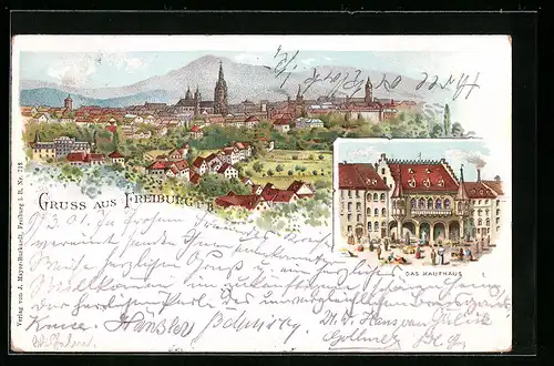Lithographie Freiburg i. Br., Das Kaufhaus, Ortsansicht