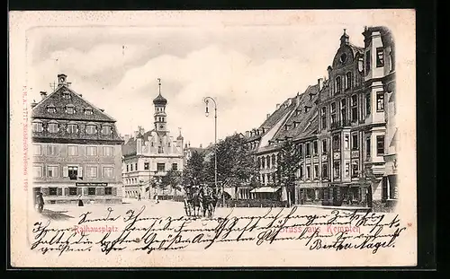 AK Kempten, Strasse am Rathausplatz mit Kutsche