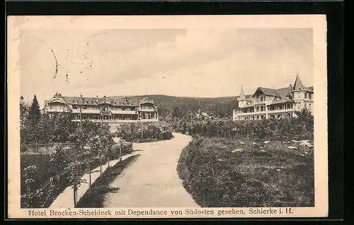AK Schierke i. H., Hotel Brocken-Scheideck mit Dependance von Südosten gesehen