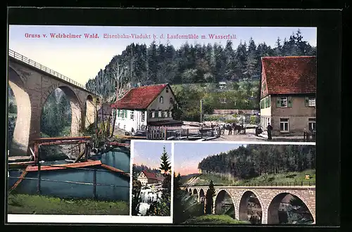 AK Welzheim, Eisenbahn-Viadukt b. d. Laufenmühle m. Wasserfall, Welzheimer Wald