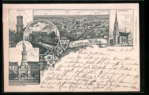 Vorläufer-Lithographie Witten, 1895, Gedächtniskirche, Haus Witten, Helenenthurm, Kriegerdenkmal