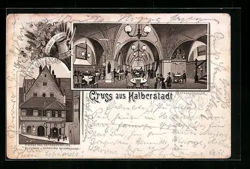 Vorläufer-Lithographie Halberstadt, 1892, Gasthaus Rathauskeller, Innen- und Aussenansicht