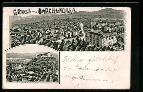 Lithographie Badenweiler, Ortsansicht aus der Vogelschau, Teilansicht mit Ruine