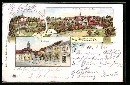 Lithographie Mutzschen, Marktplatz mit Gasthof, Totalansicht, Schlossgarten