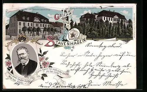 Lithographie Stavenhagen, Fritz Reuter, Rathaus und Reuters Geburtshaus
