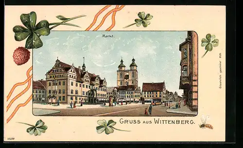 Lithographie Wittenberg, Partie am Markt mit Strassenbahn, Glücksklee