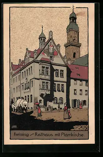 Steindruck-AK Freising, Rathaus mit Pfarrkirche, Planwagen