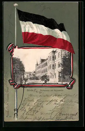 Passepartout-Lithographie Bünde, Eschstrasse mit Reichsbank, Deutsche Nationalflagge