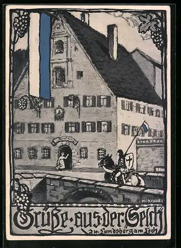 Künstler-AK Landsberg am Lech, Gasthaus Kratzer / Selch mit Ritter und Brücke