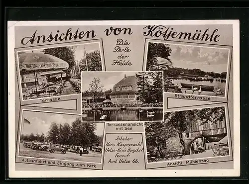 AK Uetze /Kr. Burgdorf, Gasthaus Kötjemühle H. Kasprzewski mit Parkplatz, Terrasse und Mühlenrad