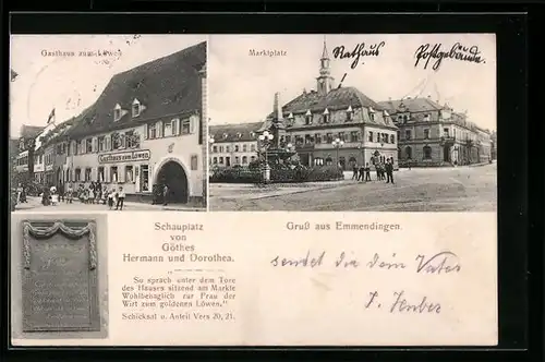 AK Emmendingen, Gasthaus zum Löwen, Marktplatz, Schauplatz von Göthes Hermann und Dorothea
