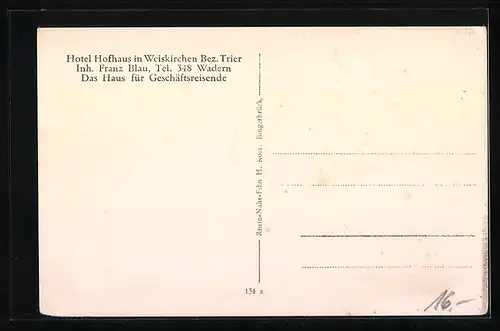 AK Weiskirchen /Bez. Trier, Hotel Hofhaus, Kirche und Lebensmittelgeschäft, Strassenpartie