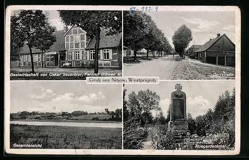 AK Nitzow /Westprignitz, Gasthaus von Oskar Sauerbier, Dorfstrasse, Kriegerdenkmal