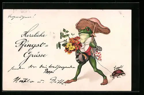 AK Frosch im Anzug mit Pilzschirm und Käfer