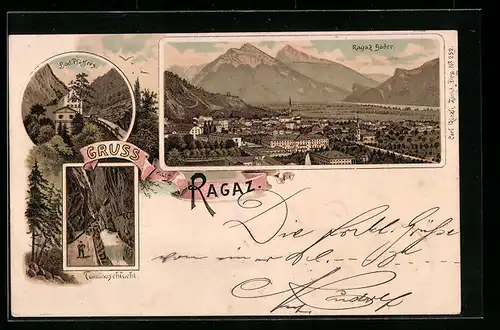 Lithographie Ragaz, Gesamtansicht, Bad Pfäffers, Taminaschlucht