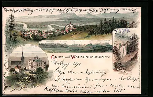 Lithographie Walzenhausen, Panorama des Ortes, Kirche und Hotel Rheinburg, Drahtseilbahn