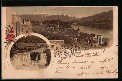 Lithographie St. Moritz, Gesamtansicht mit Piz Languart, Innfall
