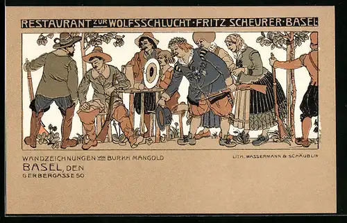 Lithographie Basel, Restaurant zur Wolfsschlucht, Gerbergasse 50, Wandzeichnung