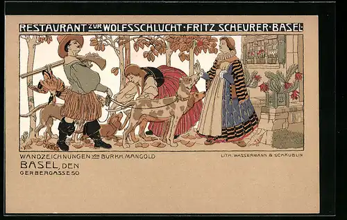 Lithographie Basel, Restaurant zur Wolfsschlucht, Gerbergasse 50, Wandzeichnung