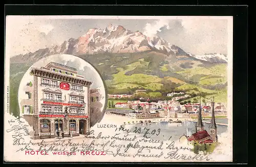 Lithographie Luzern, Hotel weisses Kreuz, Panorama