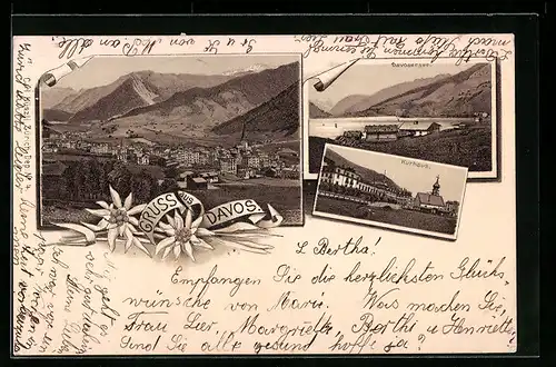 Lithographie Davos, Kurhaus, Davosersee, Gesamtansicht