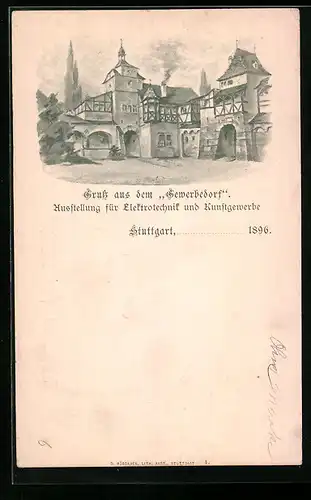 Lithographie Stuttgart, Ausstellung für Elektrotechnik und Kunstgewerbe 1896, Gewerbedorf