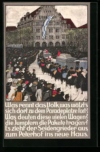 Künstler-AK Zürich, Peterhof am Paradeplatz, Seidengrieder-Umzug