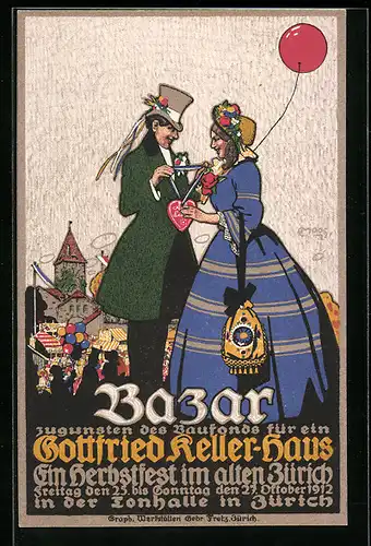 Künstler-AK Zürich, Herbstfest 1912, Bazar zugunsten des Baufonds Gottfried Keller-Haus
