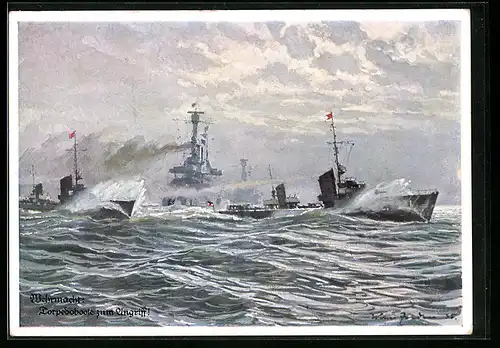 Künstler-AK Torpedoboote auf dem Weg zum Angriff, Kriegsmarine