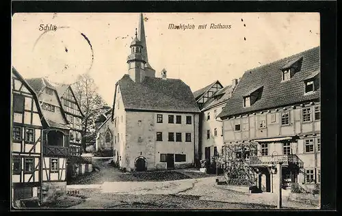 AK Schlitz, Marktplatz mit Rathaus u. Fachwerkhäusern