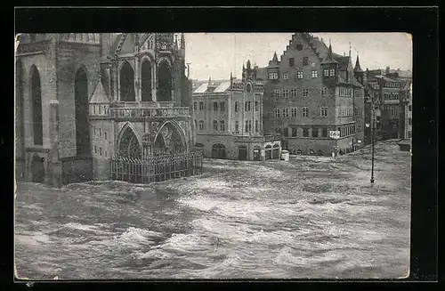 AK Nürnberg, Hauptmarkt mit Liebfrauenkirche u. Plobenhofstrasse, Hochwasser-Katastrophe 5. Feb 1909