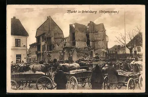 AK Ortelsburg /Ostpreussen, Markt mit zerstörtem Gebäude