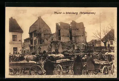 AK Ortelsburg, Wagenkolone auf dem Marktplatz